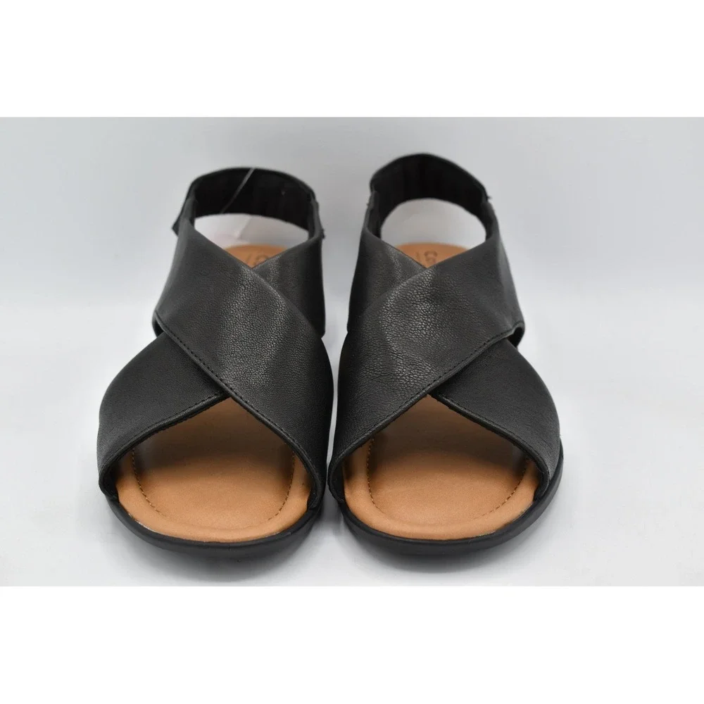Comfortiva Womens 8.5 Emilee Black Leather Stretch Slingback Wedge Sandals Shoes